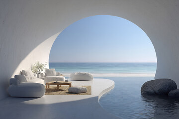 Obraz premium Modern luxury beach house interior with round architectural opening overlooking calm ocean water and clear blue sky, featuring white cushioned seating and natural decor for serene atmosphere