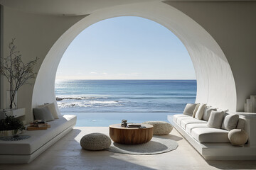 Obraz premium Modern luxury beach house interior with round architectural opening showing ocean view, cozy seating area with cushions, wooden table, and natural light creating calm atmosphere