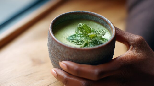 African american woman holding ceramic cup with organic matcha green tea garnished with mint leaf. Healthy herbal beverage in rustic bowl. Refreshing drink, ritual, mindful living.