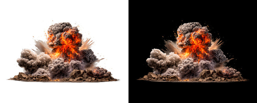 Realistic fiery explosion with smoke and debris on transparent background.