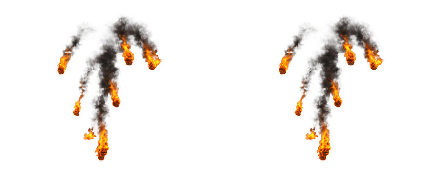 Set of fireballs falling with black smoke on transparent background.