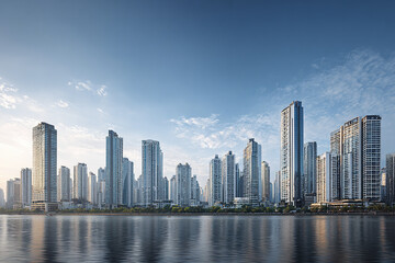 Obraz premium Modern metropolitan skyline with high rise buildings reflecting on calm water under clear blue sky, showcasing urban architecture and cityscape beauty