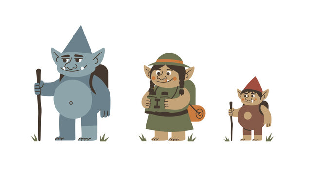 Whimsical cartoon family of fantasy creatures: trolls or gnomes with backpacks and walking sticks, ready for adventure