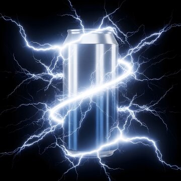 Energy drink can surrounded by crackling electric lightning bolts against black background.