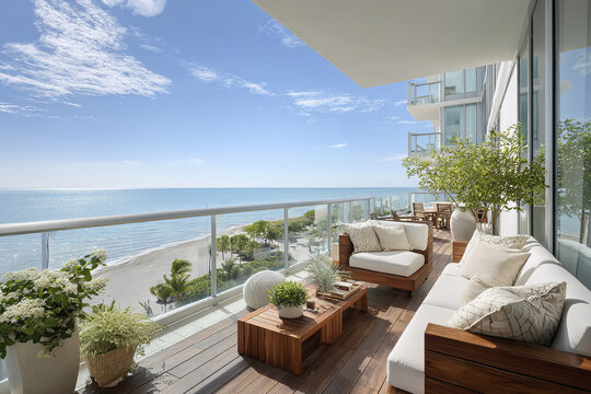 Modern seaside condo terrace with panoramic ocean view, wooden furniture, white cushions, and green plants creating relaxing and bright outdoor living space by beach