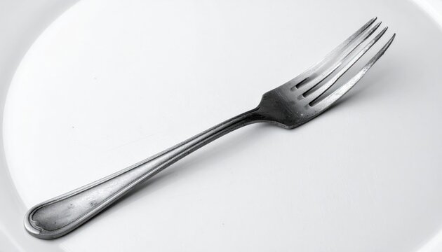 A detailed close-up of a bent metal fork with distorted tines on a plain background