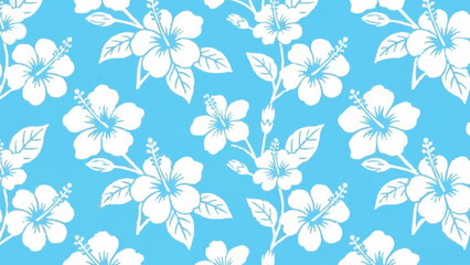 White hibiscus flowers and leaves pattern against a bright blue background © Abdul