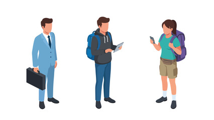 Fototapeta premium Isometric Business Professional, Male Traveler, Female Tourist. Diverse People & Lifestyles.