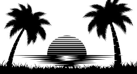 Obraz premium Silhouette of palm trees sun and birds over a tranquil ocean