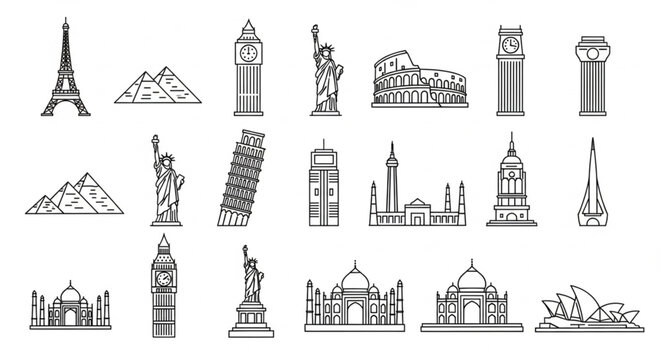 Collection of famous world landmarks in sketch style.