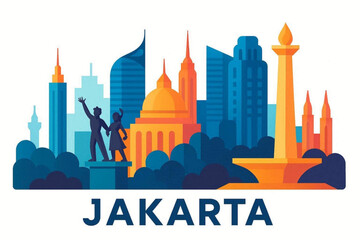 Obraz premium Jakarta City Skyline Illustration with Monas Landmark and Modern Urban Architecture