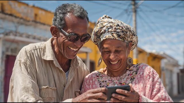 Elderly african american man and woman laugh while watching video on a smartphone in a sequence of three frames during the day.