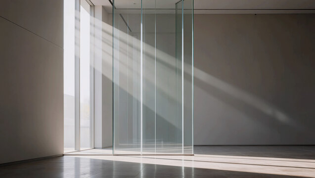 Modern architectural interior with glass partition and dramatic sunlight rays.
