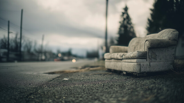 flagrant. A worn-out sofa on an empty urban lot, overcast daylight. real-estate listings, architecture portfolios, designed for interior renovation comparisons for interiors.