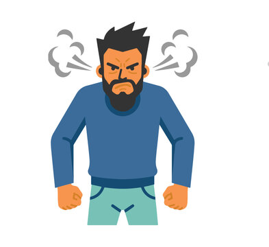 Vector illustration of an intensely angry man with a beard, steam rising from his ears, conveying extreme frustration, stress, and rage