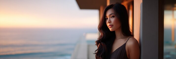 Obraz premium Female asian young adult balcony sunset overlooking ocean warm golden light long dark hair serene portrait on a seaside terrace