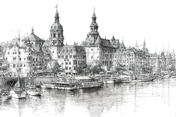 Fototapeta premium Monochrome cityscape line drawing with historic buildings and boats docked along waterfront, showcasing detailed architecture and calm water reflections in peaceful urban setting