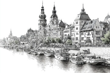 Fototapeta premium Historic cityscape line drawing with boats docked along riverbank, detailed architecture and lively waterfront scene in monochrome style