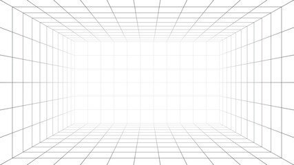 Abstract perspective grid room white background 3d wireframe interior space futuristic technology scene geometric lines depth virtual environment minimal architecture construction layout design © SpainArts