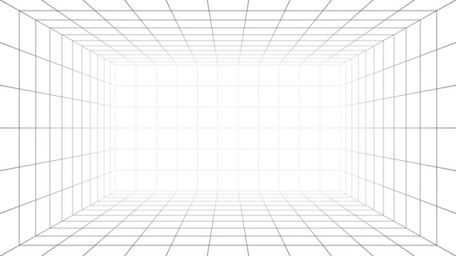 Abstract perspective grid room white background 3d wireframe interior space futuristic technology scene geometric lines depth virtual environment minimal architecture construction layout design