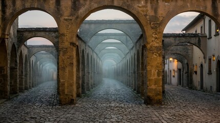 Obraz premium Perspective View of Ancient Stone Archways over Cobblestone Street in Old European Village with Misty Atmosphere