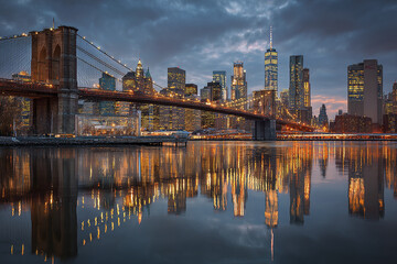 Naklejka premium New York City skyline panorama at twilight with illuminated suspension bridge and skyscraper reflections on calm water creating dramatic and vibrant urban scene
