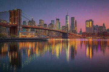 Naklejka premium New York skyline panorama at dusk with Brooklyn Bridge illuminated and colorful reflections on calm water creating vibrant and peaceful urban scene