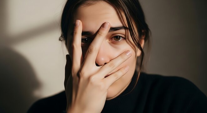 Woman Covering Face with Hands, Expressing Emotion and Hesitation