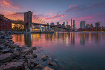 Fototapeta premium NYC cityscape panorama at sunset with Brooklyn Bridge and colorful sky reflecting on water, rocky shore in foreground, urban skyline glowing warmly in evening light