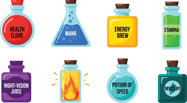 Fantasy RPG Potion and Magic Elixir Vector Illustration Set Featuring Health Mana Stamina Energy Brew Night Vision Speed and Mystery Drink Icons for Gaming Interfaces