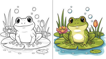 Colorful frog on lily pad and silhouette: a charming amphibian illustration © salmagd988