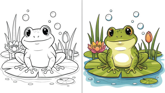 Colorful frog on lily pad and silhouette: a charming amphibian illustration