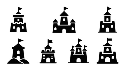 Fototapeta premium Set of Black Sandcastle Icons: Simple Vector Illustrations of Fantasy Castles