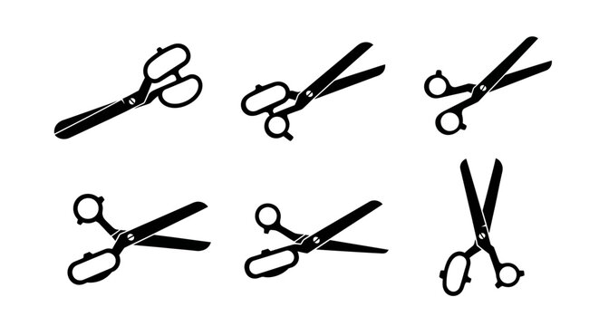 Set of Black Scissors Icons: Open, Closed, and Cutting Blades