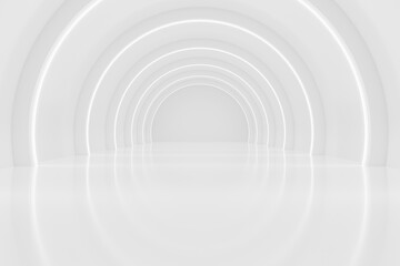 Fototapeta premium 3d white arch tunnel podium. clean minimal concept. abstract background glowing corridor repeating arch for product display cosmetic showcase. advertising for beauty skincare fashion. 3d render.