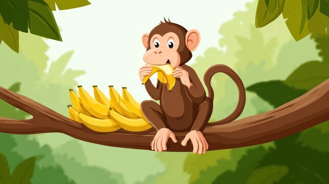 Cartoon monkey eating banana on tree branch illustration vector artwork