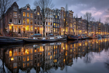 Obraz premium Panoramic canal cityscape at blue hour with traditional narrow houses and boats reflecting on calm water, creating peaceful and charming evening atmosphere in city