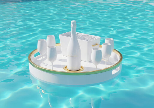 Luxury floating breakfast tray in swimming pool with white champagne bottle and glasses