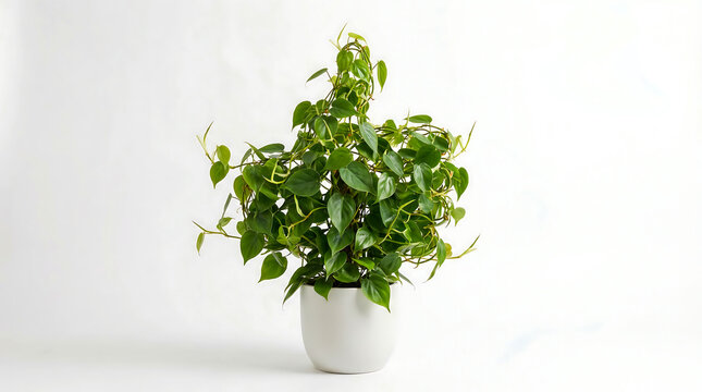 Lush green potted pothos plant with trailing vines and heartshaped leaves