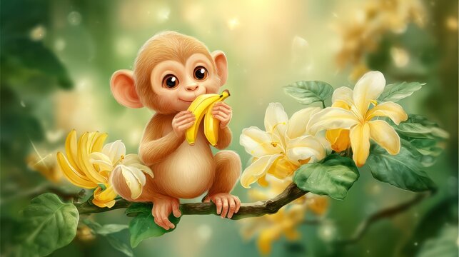 Cartoon monkey enjoying banana amongst yellow flowers on branch