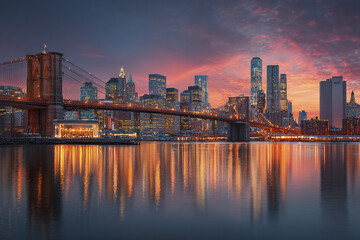 Fototapeta premium Panoramic cityscape of large urban skyline with suspension bridge over calm water reflecting colorful sunset light, featuring illuminated skyscrapers and vibrant evening atmosphere