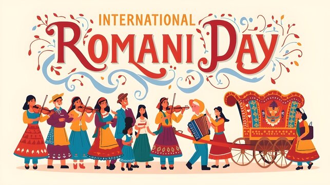 Illustration of a Romani family celebrating International Romani Day with traditional music and dance in a colorful cultural setting.