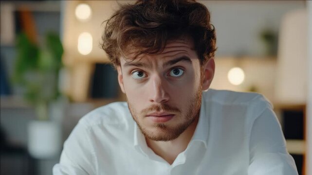 A man wearing a white shirt looking down at the camera with a puzzled look on his face in an indoor setting.