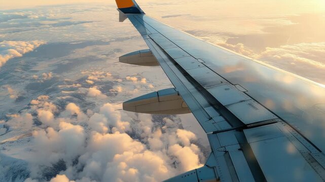 Airplane wing glides above cloud layer. Sunlight glows warmly through sky. Clouds swirl below with soft motion. Metal surface reflects golden hue. View from high altitude offers calm beauty