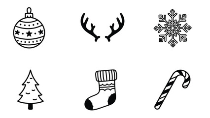Obraz premium Hand-drawn Christmas Doodle Icons Set. Winter holiday symbols including bauble, snowflake, tree, stocking, antlers, and candy cane.