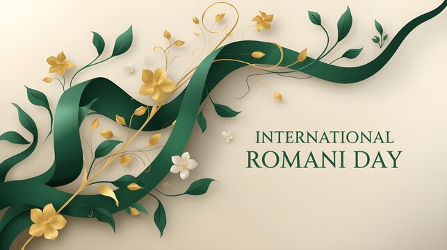 International romani day celebration with green and gold ribbons and flowers