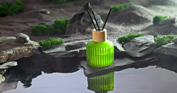 Intense fragrance diffuser on black stones illuminated by moonlight.