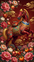 Obraz premium Beautiful Red Horse Representing the Chinese Zodiac Animal in Art Nouveau Asian Style