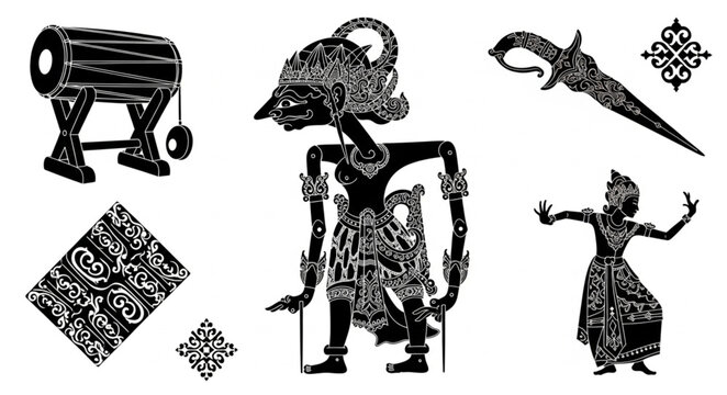 Traditional Indonesian Wayang Kulit Shadow Puppets and Gamelan Drum.