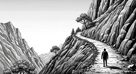 Lone hiker walks on a winding mountain path. © Pono